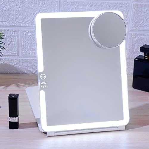 FUNTOUCH Rechargeable Travel Mirror Makeup Mirror, Portable Lighted Makeup Mirror with 10X Magnifying Mirror 3 Colors Light Modes, Touch Screen Dimming Folding Light Up Mirror for Travel, Cosmetic