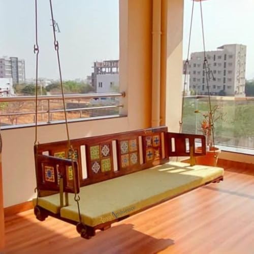 Image of Wooden /Jhula Reversible Tile with Brass Coated Chain Swing Without Cushion- Mannu (64 inch)