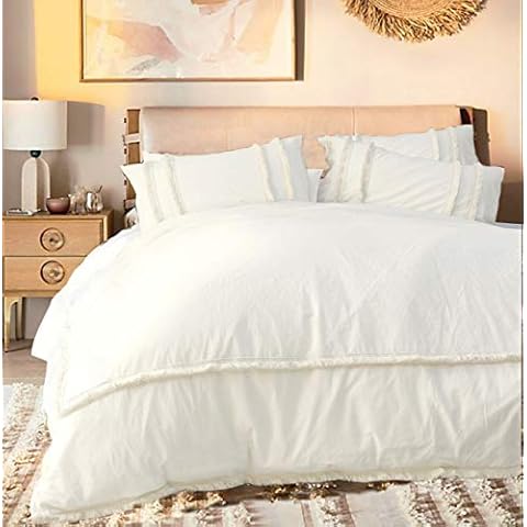 Flber White Duvet Cover Tufted Boho Bedding Comforter Queen Size, 86in x90in Cover