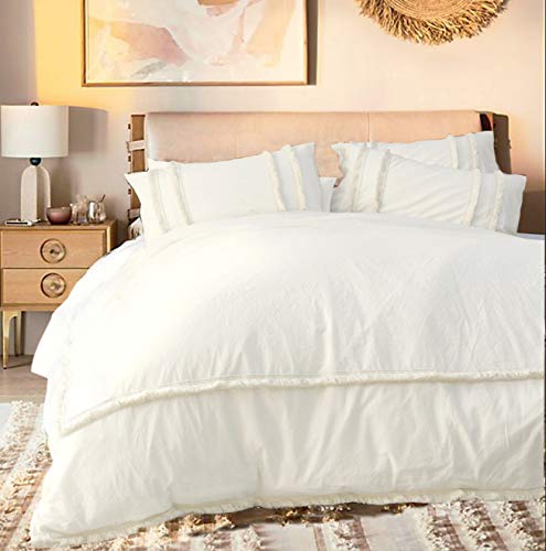 Flber White Fringed Duvet Cover Tufted Boho Bedding King Size, 96in x104in