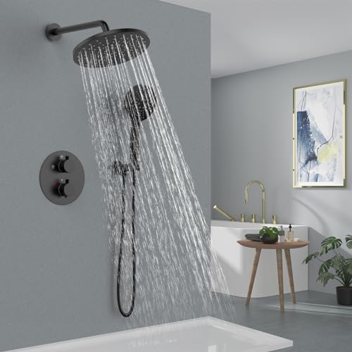 Image of Iriber Thermostatic Shower System Wall Mount with 10 Inch Roud Rainfall Shower Head and Handheld,Shower Faucet Mixer Trim Kit (Valve Included),Matte Black