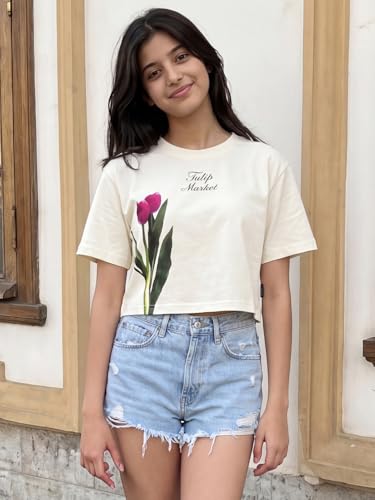 Image of Li'l Tomatoes Girls 100% Cotton Printed Top | Half Sleeve Casual Summer Top for Girls | Soft & Breathable Everyday Wear | Floral Sunflower Print | 9-16 Years