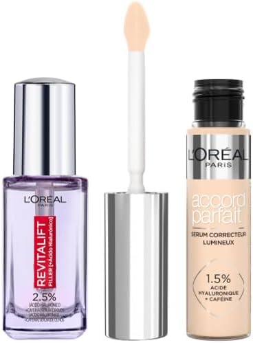 Pack L'Oreal Paris Dermo Expertise Revitalift Filler Sérum de Ojos con Ácido Hialurónico y Cafeína, 20 ml + L'Oréal Paris Sérum Corrector Iluminador, Cobertura Media, Accord Parfait, Tono 2R, 10ml
