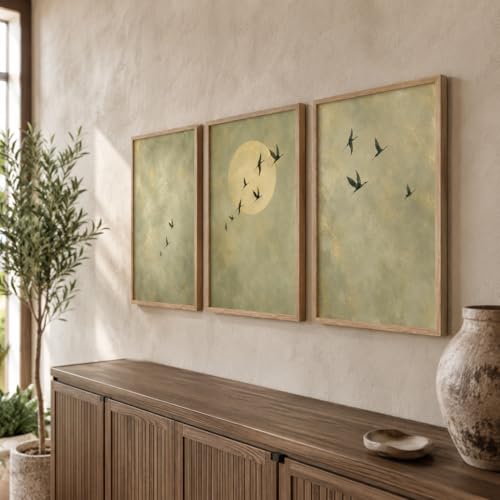 Image of Artify Set of 3 Minimal Birds Moon Wall Painting for Living Room Bedroom Hall Office Decor, Premium Wooden Synthetic Frame Nature Artwork Gift