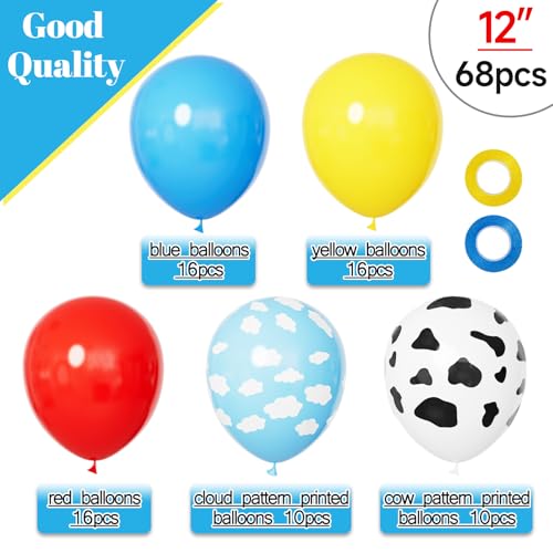 Image of 68Pcs Red Yellow Blue Toy Balloons 12 Inch Light Blue Cloud Cow Print Balloons for Baby's Birthday Story and Football Party Themed Decorations.