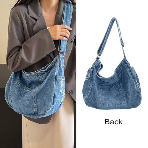 Image of Denim Shoulder Bag for Women,Canvas Tote Messenger Bag with Zipper,Large Casual Crossbody Hobo Handbag Denim Purse