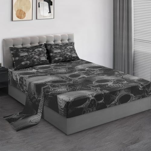 Pamnest SSS1004587-FPBS-TA-FBA 3 Pieces Twin Size Bed Sheet Sets, Skulls Grey Soft Microfiber Bedding Sets For Kids And Adults Bedroom Bed Decor, Skeleton Spooky Horror Gothic Flat Sheet, Fitted Sheet And Pillowcases cover