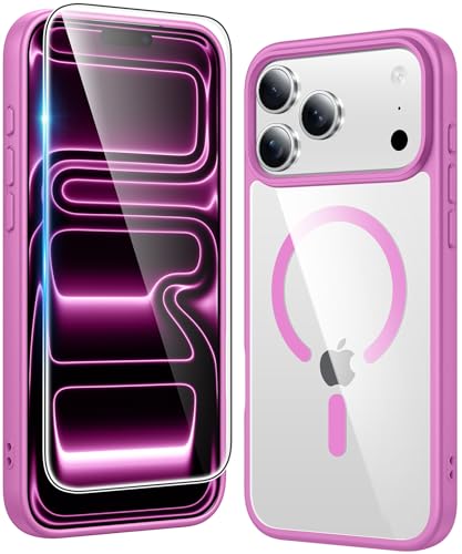 Image of FNTCASE for iPhone 17 Pro-Max Case: Clear Magnetic Phone Cases with Screen Protector Compatible with Magsafe Slim Anti Yellowing Rugged Shockproof Protective Transparent Cell Phone Cover (B-Pink)