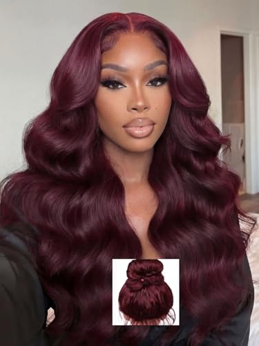 Roulysia 26 Inch Black Cherry Hidden Strap Body Wave 360 Lace Front Wigs Human Hair 200% Density Pre Bleached Dark Burgundy Wig Pre Cut Wear Go Glueless Wig Pre Plucked Natural Hairline