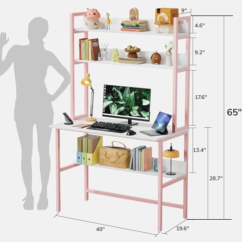 Image of Aquzee 40 Inch Pink Desk with Shelves, Computer Desk with Hutch