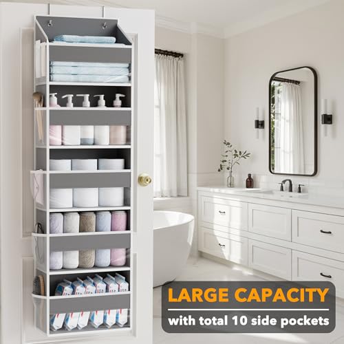 SpaceAid 1 Pack Over The Door Organizer with 5 Large Pockets and 10 Mesh Side Pockets, 5 Layers Door Organizer Hanging with Clear Window for Bedroom, Bathroom, Pantry and Nursery, Gray - Image 4
