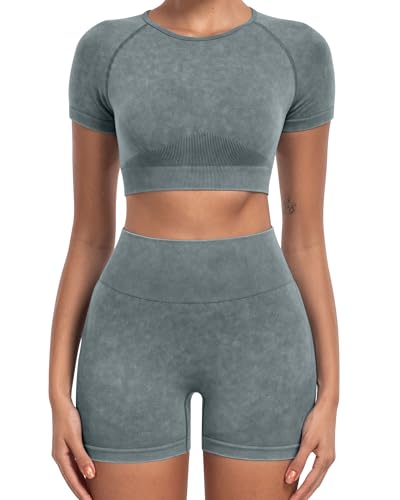 2 Piece Workou Short Sleevet Sets for Women,Seamless Summer Gym Tops High Waist Yoga Shorts Outfits