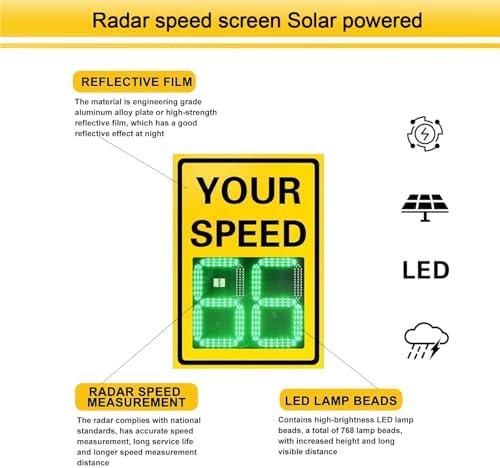 Solar Powered Radar Speed Sign with Accessories - LED Traffic Speed Display Feedback Board, 50x70cm (20x27in) Safety Warning Sign, Yellow, Solar Panel Integrated