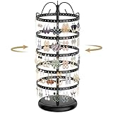 LASZOLA 5 Tier Black Earring Holder Organizer Tree Women Display Storage for Stud and Hoop, Large Cool Rotating Clip Stand for Pierced and Dangle Earring, Vertical Metal Tower Carousel with 220 Holes
