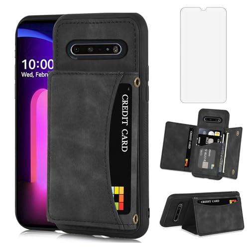 Asuwish Phone Case for LG V60 ThinQ V60ThinQ 5G G9 Thin Q Wallet Cover with Tempered Glass Screen Protector and PU Leather Card Holder Stand TPU Cell Accessories LGV60 V 60 60ThinQ 60V Women Men Black