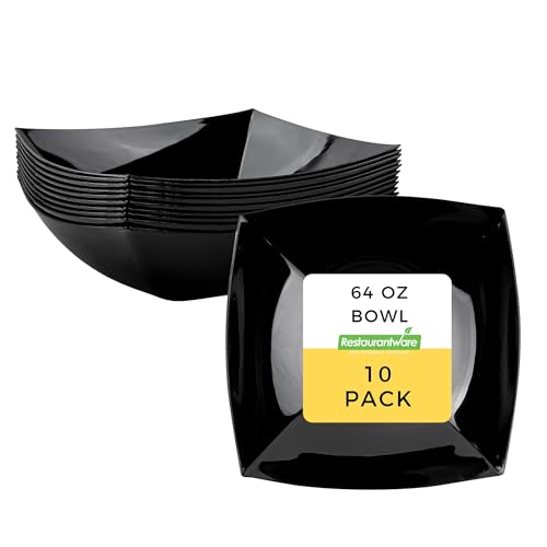 Restaurantware Moderna 64 Ounce Fancy Plastic Bowls 10 Square Disposable Salad Bowls - Durable Heavy-duty Black Plastic Bowls For Warm And Cold Foods