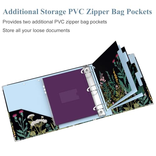 Image of 3 Ring Binder, 3 Inches Round Ring Binder with Clipboard, Dividers Tabs, PVC Zipper Bag Sleeves & to Do List Planners for Women, Men, School, Office Supplies, Wild Flower