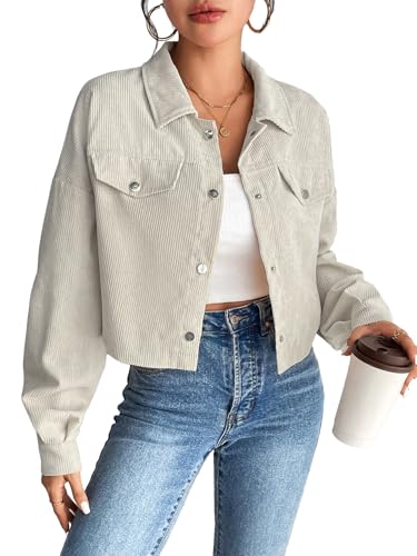 YUTILA Damen Cordjacke – Kurz Corduroy Jacke mit Knopfleiste, Langarm, Freizeit Übergangsjacke