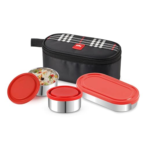 Image of CELLO MF Trent Plus Lunch Box with Bag for Office, Red | 300ml x 2 Steel Containers, 500ml Oval Plastic Containers, Leak Proof Airtight Snap Lock Lid Tiffin Box Set for School Kids, College & Travel