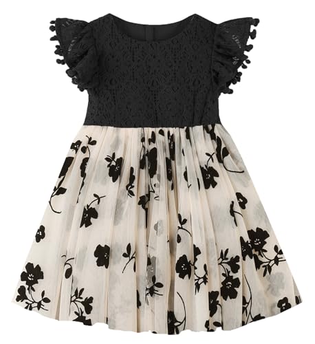Image of RJXDLT Toddler Girl Dress Baby Girl Tulle Dress Flutter Sleeve Tutu Flower Girl Dress 2 Years Black Flowers 396