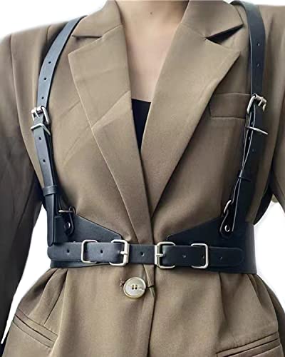 Tecotely Punk Leather Body Harness for Women, Adjustable Body Chain Belt Rave Accessories (Fit Waist Size (34' - 42'))