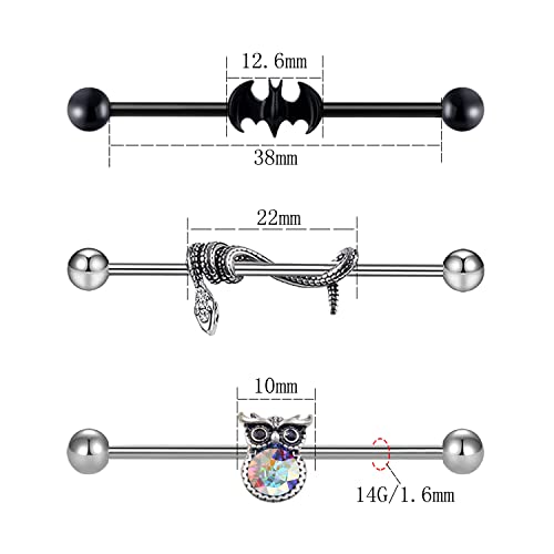 Flogwe 14G 316L Industrial Barbell Cartilage Earring Surgical Steel Snake Bat And Owl Industrial Barbell Cartilage Earring Body Piercing Jewelry For Women Mens… #TOP1