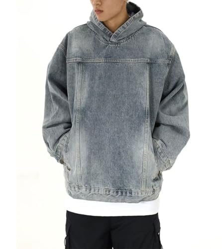 chouyatou Men's Casual Pullover Denim Jacket Vintage Distressed Jean Hoodie Jacket Oversized Sweatshirt Tops3