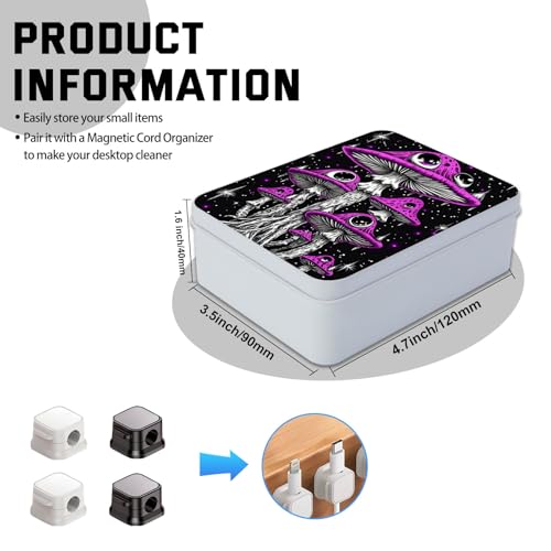 Image of Metal Tin Box with Lid,Multi-functional Storage Box Can Store Tea Biscuits Game Cards, Playing & Tarot Cards-Comes with 4 Magnetic Cord Clips,Psychedelic Purple Mushrooms