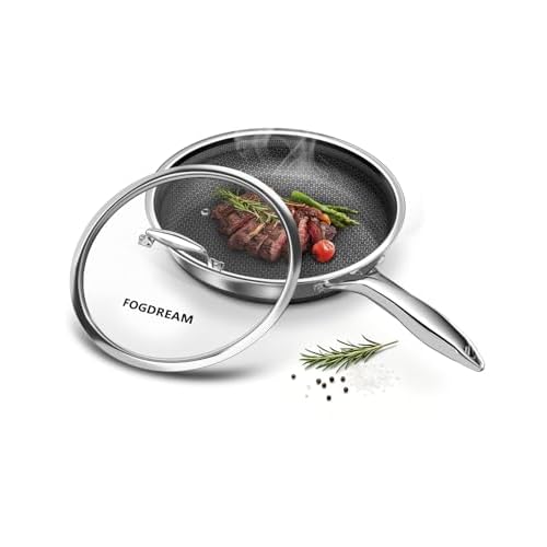 FogDream 12 Inch Nonstick Frying Pan with Lid, Honeycomb Hybrid Stainless Steel Skillet, Tri-Ply Induction Compatible, Non Toxic Frying Pan, Oven Safe, Dishwasher Safe, Silver