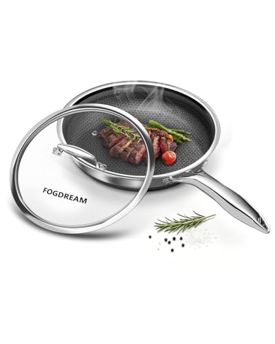 FogDream 10 Inch Nonstick Frying Pan with Lid Honeycomb Hybrid Stainless Steel Skillet Tri-Ply Induction Compatible Non Toxic Frying Pan Oven Safe Dishwasher Safe Silver