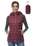 Women Lightweight Down Puffer Vest, Women Packable Down Puffy Outwear Vest with Removable Hood and Zip Pockets (Wine,S)