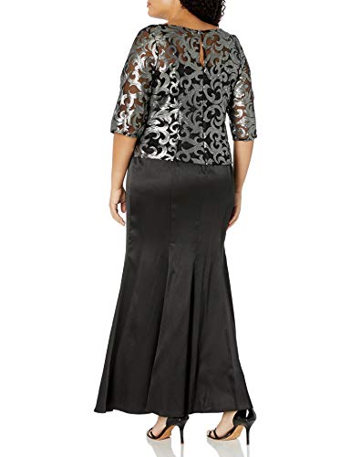 Le Bos Women's Plus Size Metallic Embroidery Long Dress, Silver/Black, 18W #TOP1