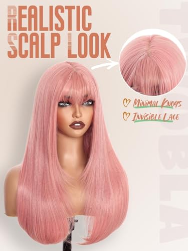 Perruque rose synthétique à frange pour changer de look facilement - 2