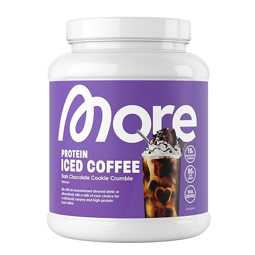 MORE Protein Iced Coffee, 500g, Dark Chocolate Cookie Crumble, Eiskaffee mit wertvollen Proteinen, wenig Zucker und Fett - made in Germany