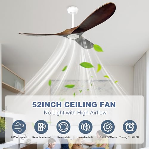 Image of 52'' Outdoor Ceiling Fan No Light,6 Speeds Adjustable with Large Airflow,Quiet Operation,Wood Propeller Ceiling Fan for Garage,Gazebo,Living Room,Bedroom(White+Dark Walnut)
