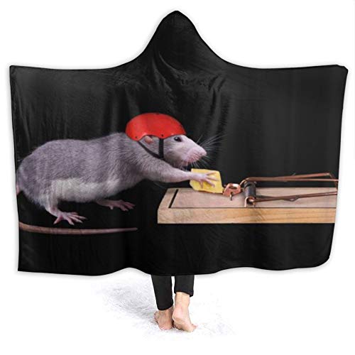 Tragbare Hoodie Decke，Komische lustige Tierratten Maus im roten Hut stehlen Essen auf Mausefalle für Kinder schwarz grau，Umhang Druck Grafik