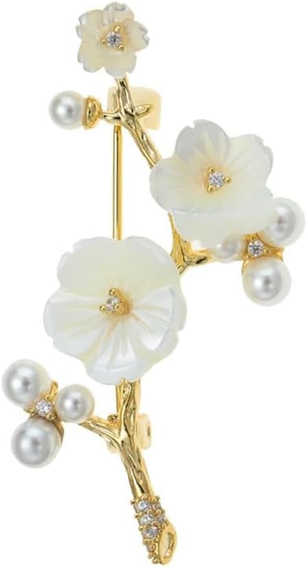 14K Gold Plum Blossom Brooch, Fashionable Elegant Moissnaite Corsage, Scarf Buckle with Natural Shell, Yellow Gold Pin for Coat Suit Accessory