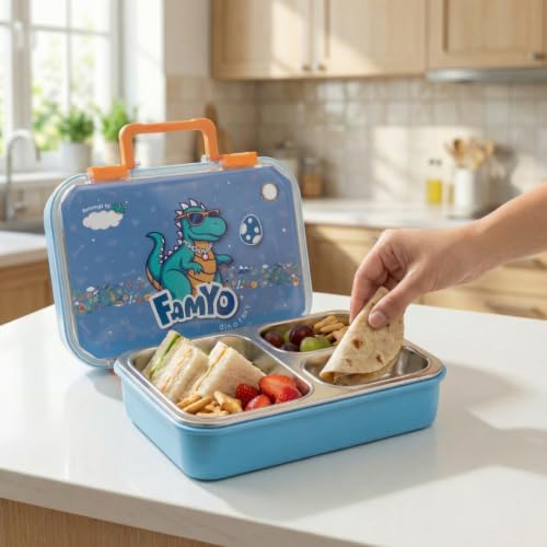 Image of Famyo Bento Lunch Box for Kids, Rexy Dino | Leakproof, Stainless Steel, 3 Compartment, 4 Clip Lock & Secret Compartment, BPA Free