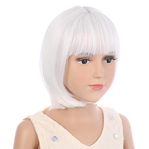 Image of PATTNIUM Kids White Wig Child Short White Bob Wigs for Girls Cosplay Party Synthetic Rose Net Daily Wear Wigs