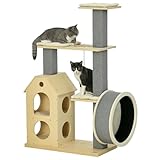 PawHut 53" Modern Cat Tree with Scratching Posts & Wheel, with Double-Layer Cushioned House, Small Cat Tower for Indoor Cat Furniture, Climbing Wooden Cat Tree