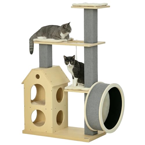 PawHut 53" Modern Cat Tree with Scratching Posts & Wheel, with Double-Layer Cushioned House, Small Cat Tower for Indoor Cat Furniture, Climbing Wooden Cat Tree