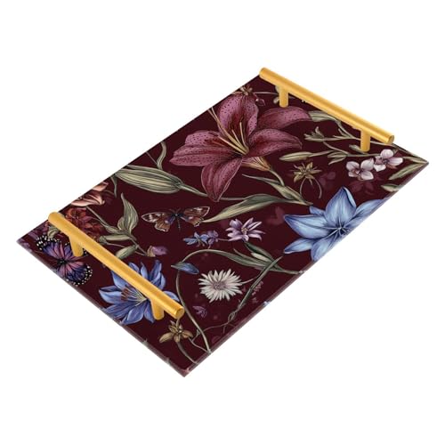 Flower Lily Delphinium - Bandeja de té decorativa con asas para servir joyas, perfumes, cenas, charolas para servir comida