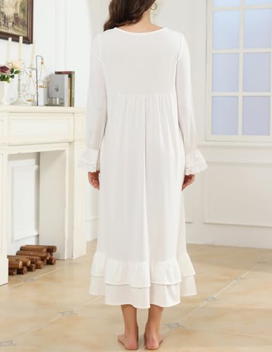 Rubehoow Women's Victorian Nightgown Vintage Long Sleeve Pajama Dress Soft Cotton Lounge Dress Nightwear4