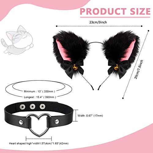 Image of PALAY Cat Ears Headband Choker Set Women Girls Cosplay Plush Furry Hair Band with Bell Punk Fashion Kit for Fancy Dress Party Performance Halloween 2 PCS