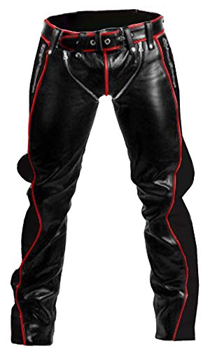 Sexy Real Black RED Leather Heavy Duty Bondage Pants Jeans BLUF Gay