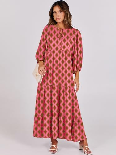 Image of ANRABESS Womens Boho Floral 3 /4 Puff Sleeve Maxi Dress | Tiered Flowy Loose Fit, Comfy Soft Rayon Fabric, Wedding Guest Church Beach, Modest Elegant, Spring Summer Fall Outfits