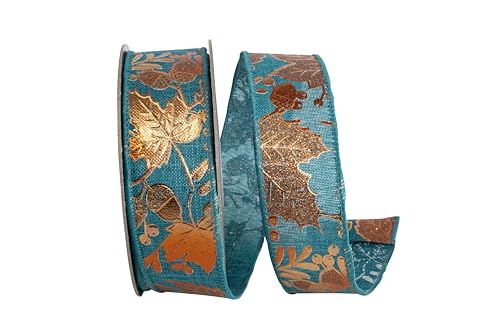 Reliant Ribbon Leaf Raised Metallic Copper Linen Wired Edge, Teal...
