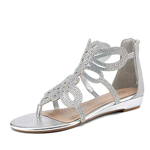 DREAM PAIRS Women's Jewel_02 Silver Rhinestones Design Ankle High Flat Sandals Size 8 M US
