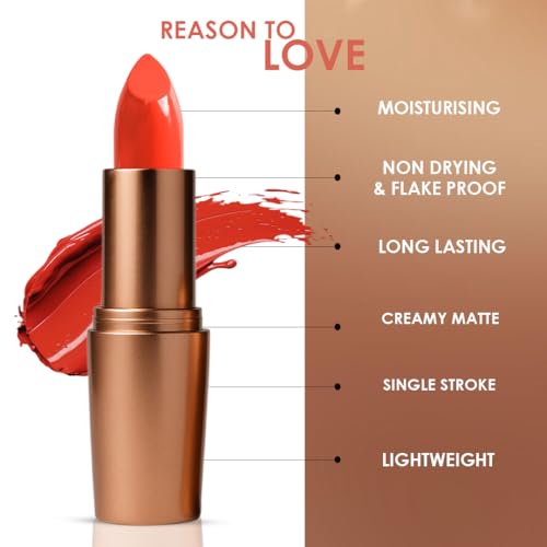 Image of One Wish Creamy Matte Lipstick Long Lasting for Women - Rusty Orange Shade 24 | Full Coverage | High-Pigment | SPF | Vitamin E, Almond Oil & Shea Butter for Moisturising Lip | 8 Hrs Lasting | Smooth Finish | 3.8 gm