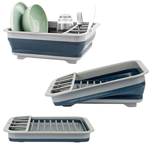 Beldray Collapsible Dish Rack Drainer - 4 Utensil Compartments, Great for Camping, Touring and Caravanning, Space-Saving, Indoor/Outdoor Use Foldable Accessory, Staycation Essential, Blue/Grey